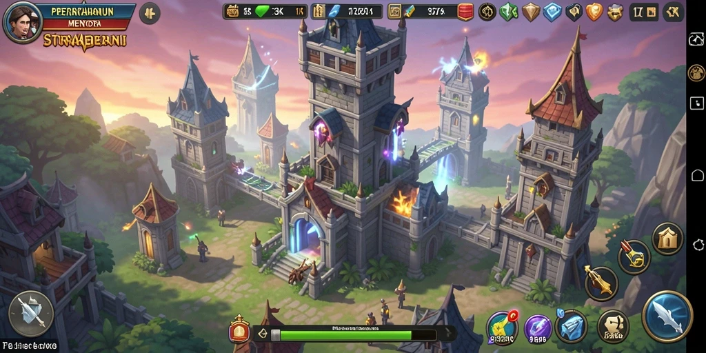 Screenshot utama 73K menampilkan aksi pertahanan menara yang intens.