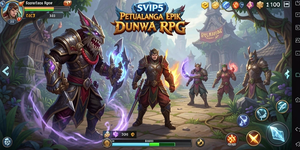 Screenshot utama SVIP5 menampilkan pertarungan karakter dengan musuh di dunia RPG.